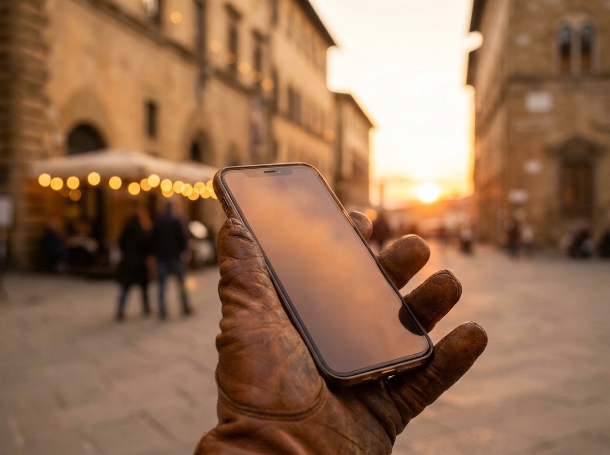 A guest holding a phone at golden hour