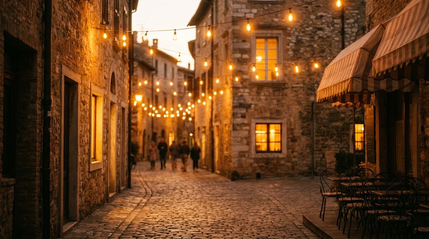 A city street at dusk