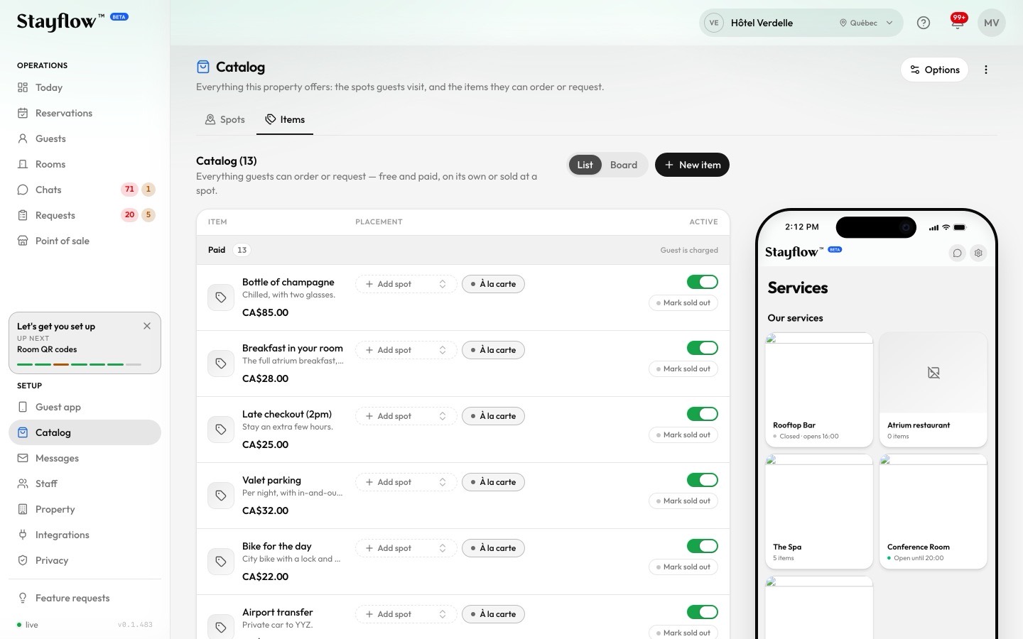 The add-ons catalog in the Stayflow console