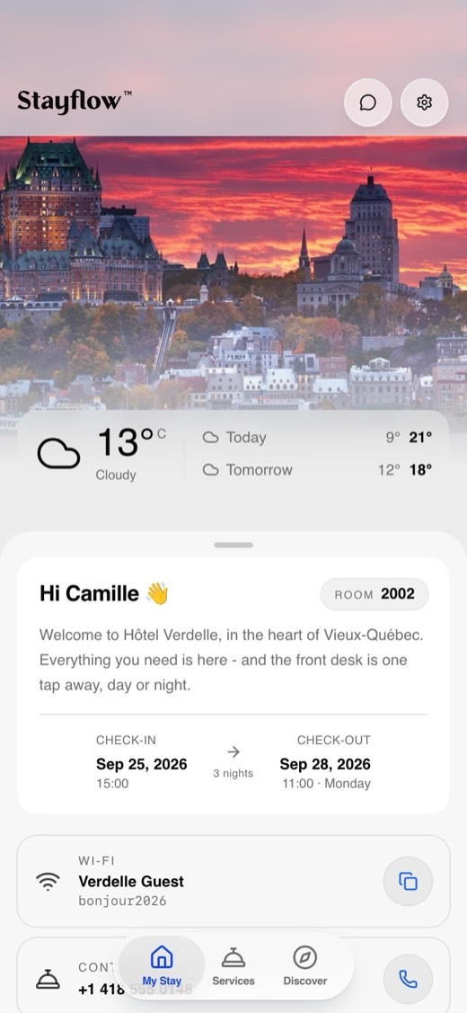 App de huéspedes de Stayflow: la pantalla de inicio de la estancia en el Hôtel Verdelle, una propiedad de demostración ficticia