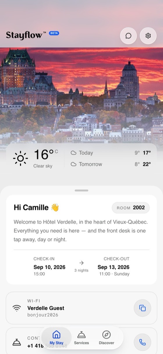 The Stayflow guest app showing a stay overview on a phone