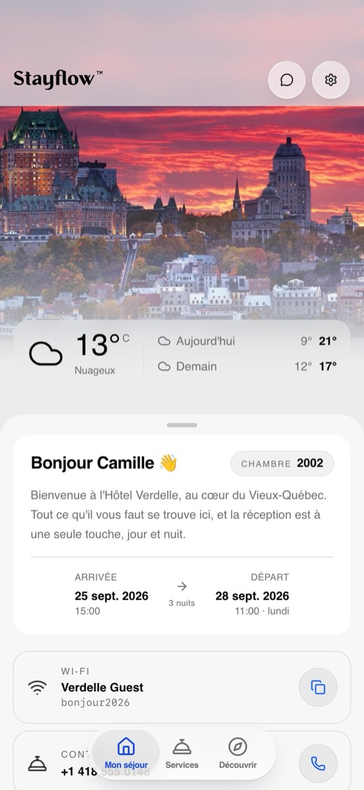 Application client Stayflow : l’écran d’accueil du séjour à l’Hôtel Verdelle, un établissement de démonstration fictif