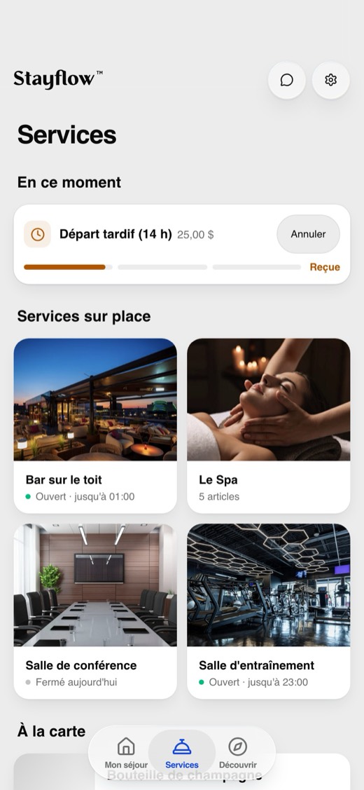 Application client : Services, avec une commande de départ tardif au statut Reçue